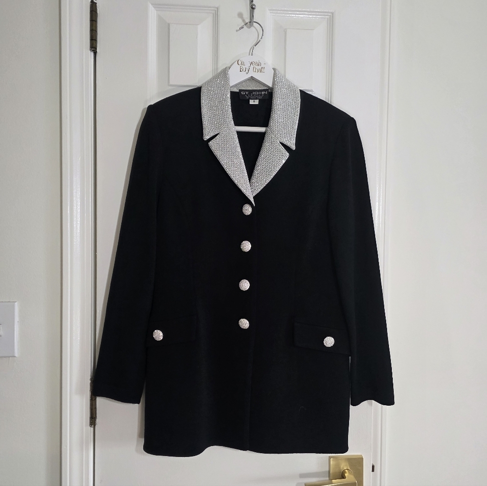 NEW St John Evening Black Silver Collar Knit Jacket Blazer Size 8
